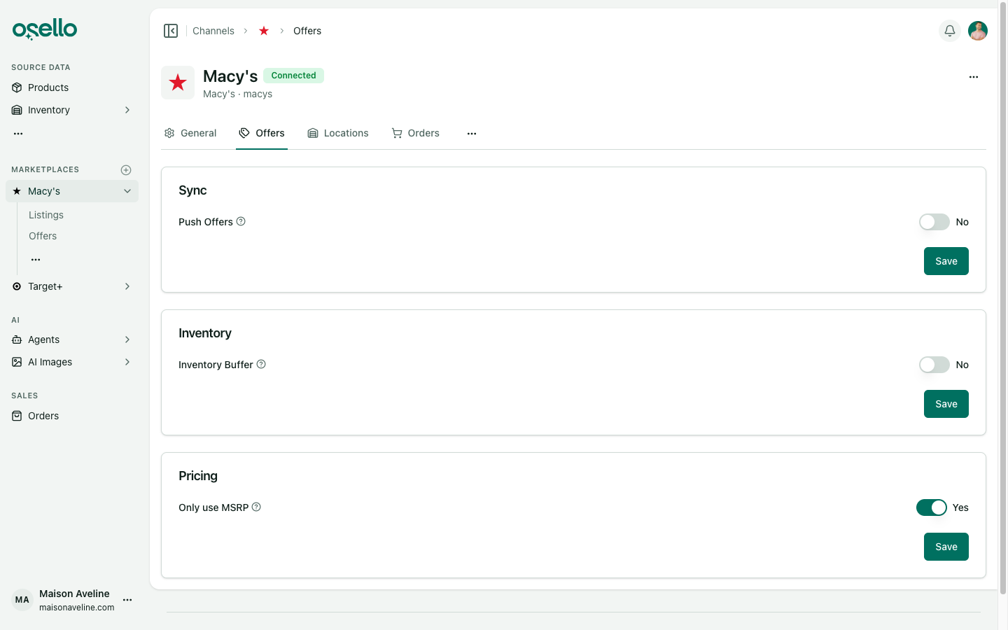 The Inventory Buffer card in a marketplace's Offers settings