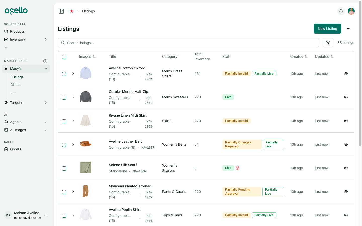 The listings table with sortable Created and Updated columns