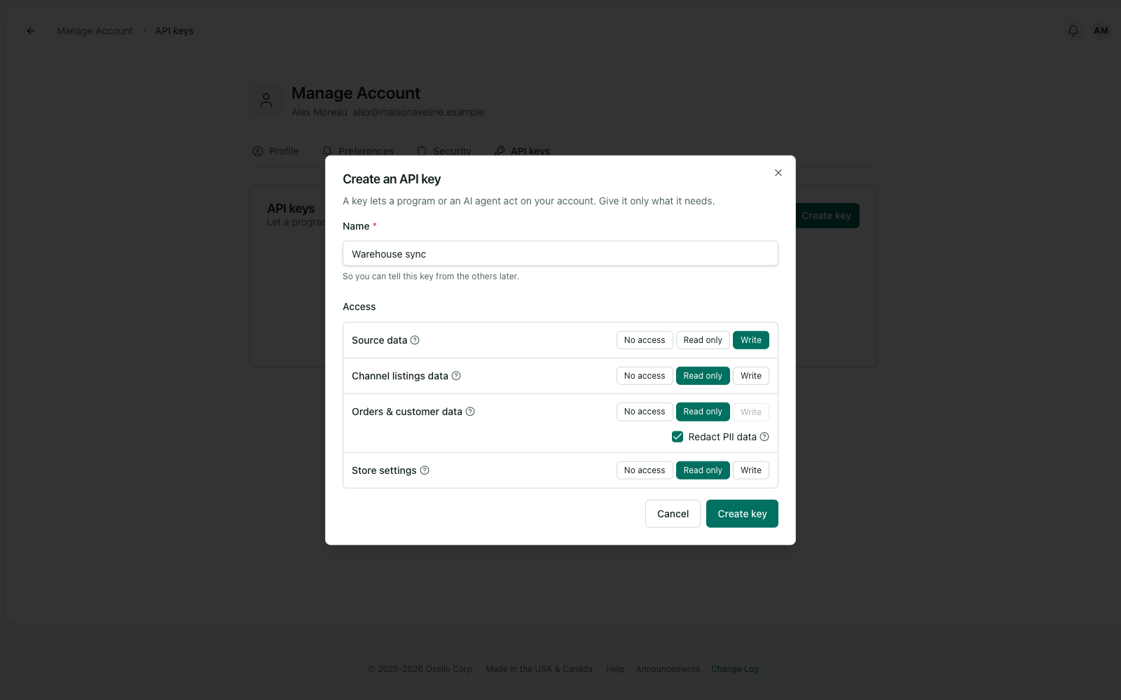The Create an API key dialog with each category's access set separately