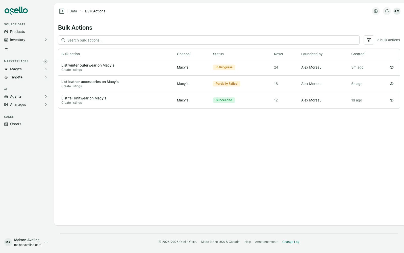 The Bulk Actions page listing three listing batches: one in progress, one partially failed and one succeeded