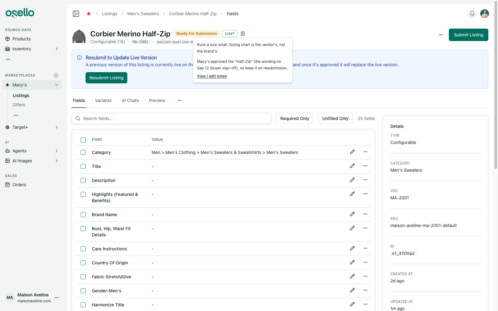 The notes preview on a listing, showing a sizing note and a title exception the marketplace approved