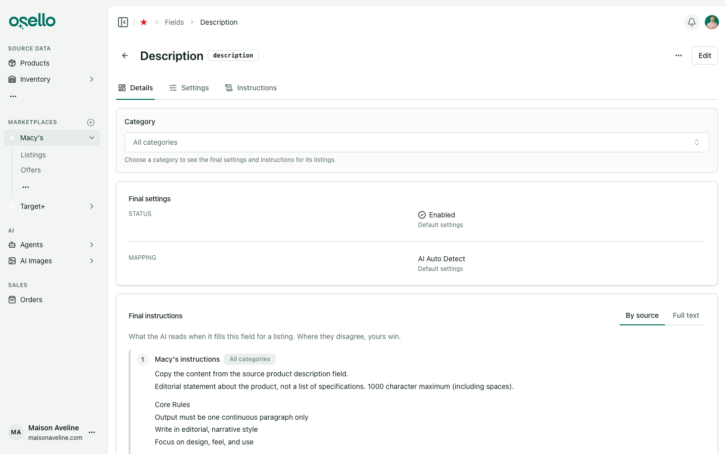 A marketplace field page open on its Details tab, with the category picker, final settings and the instructions the AI reads listed by source