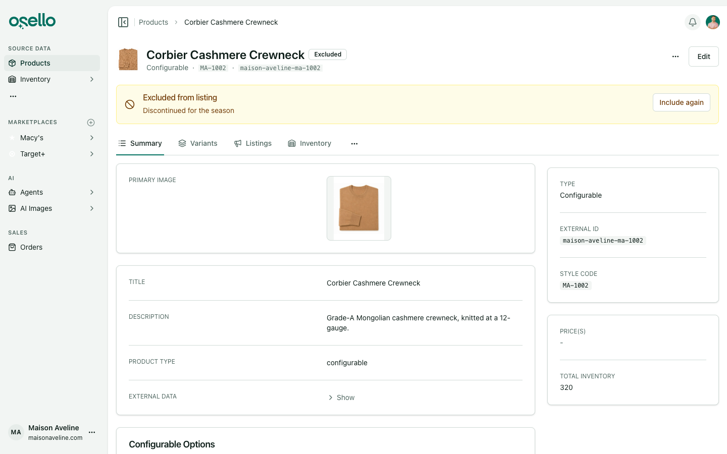 A product page showing the Excluded badge and the Excluded from listing banner with its reason and an Include again button