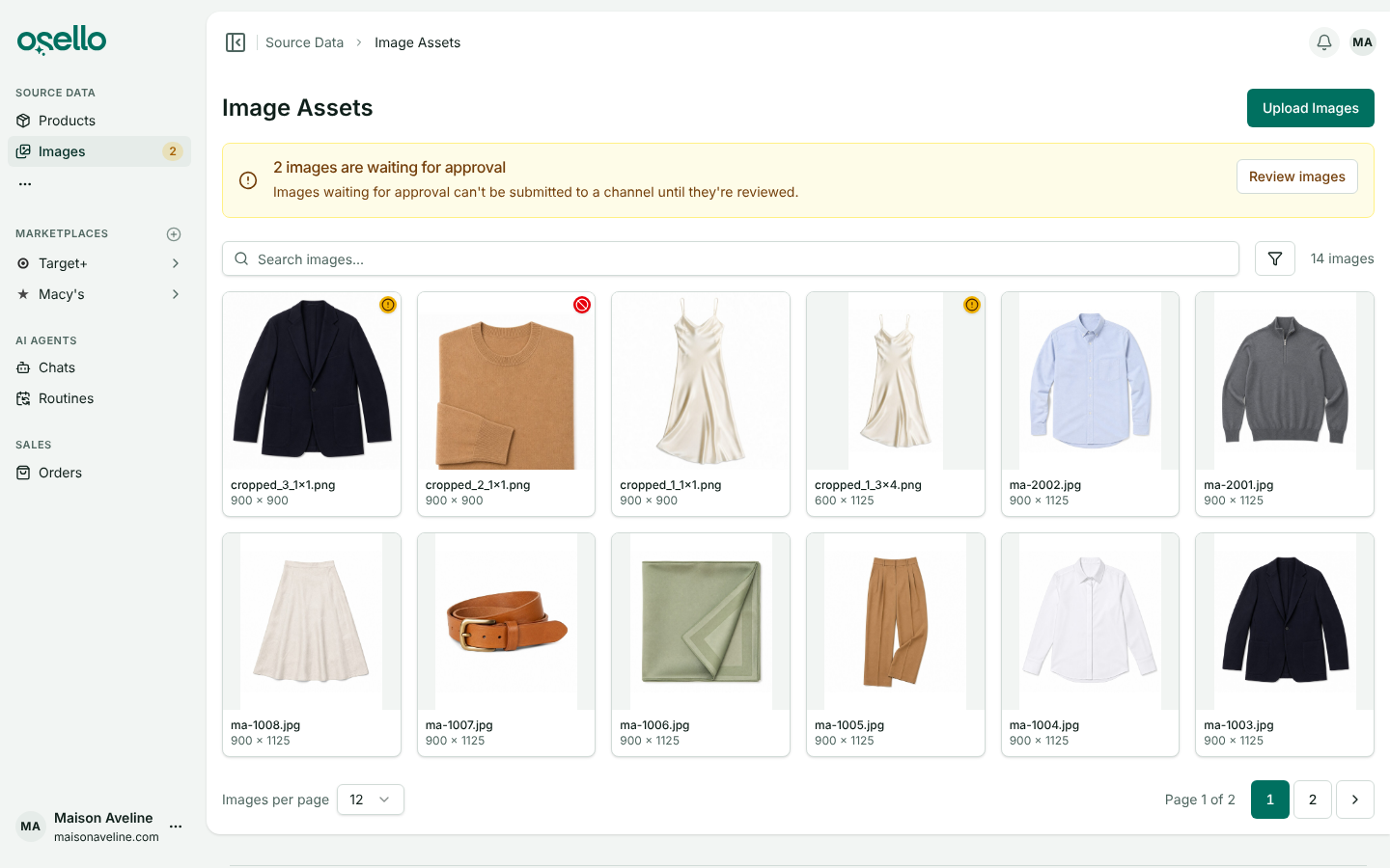 The Images page with a banner saying two images are waiting for approval, amber badges on the pending images and a red badge on a rejected one