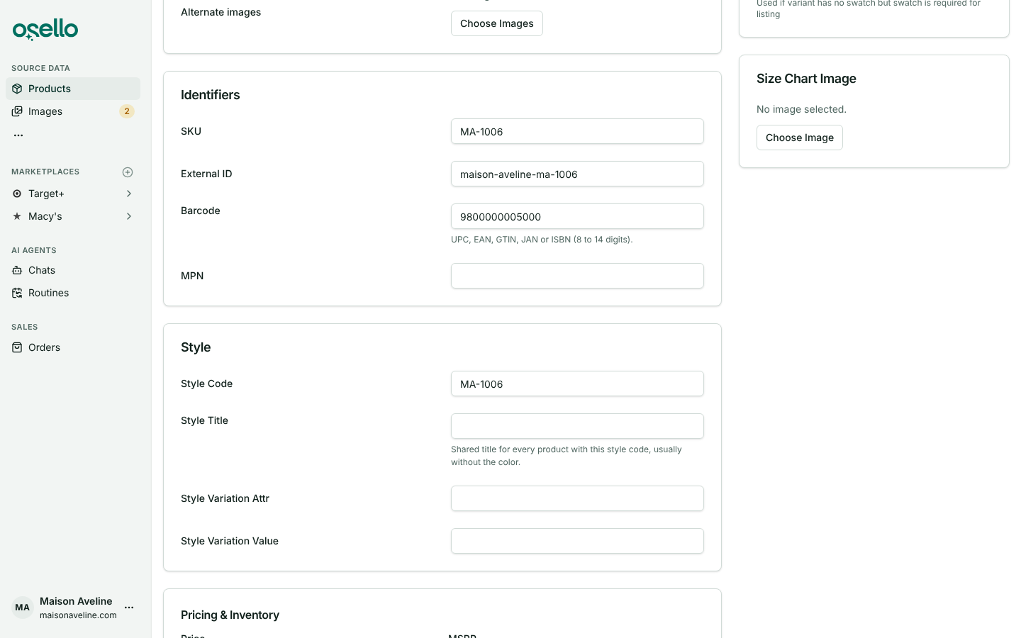 The product edit page's Identifiers card with SKU, External ID, a single Barcode field and MPN