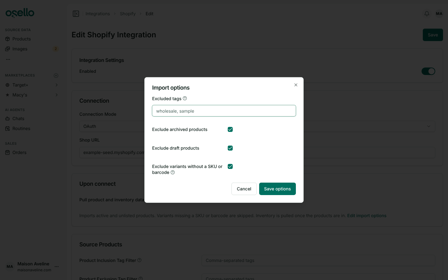 The Shopify connection form with its Import options dialog open: excluded tags, and switches to exclude archived products, draft products and variants without a SKU or barcode