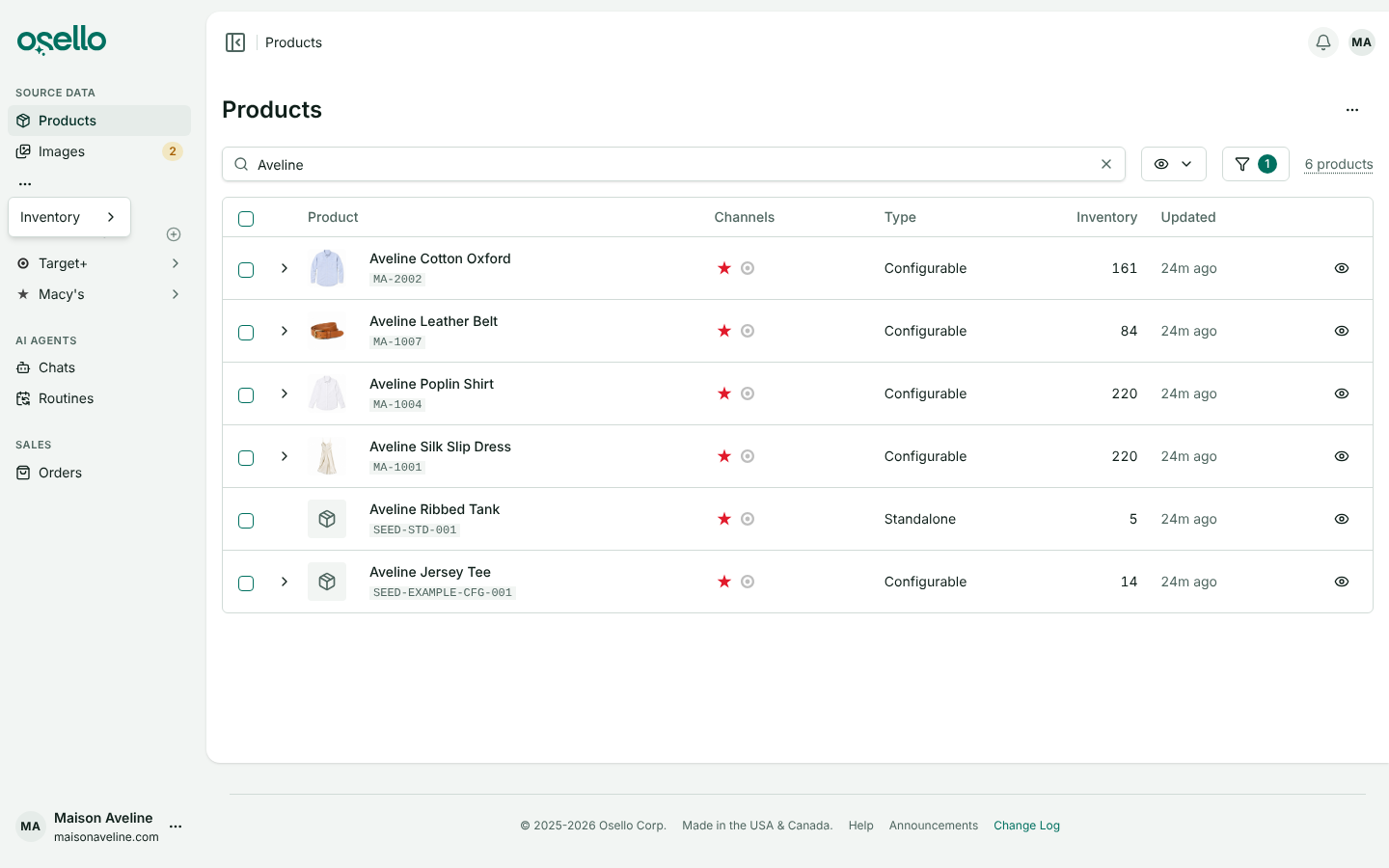 The sidebar with the Source Data menu open showing Inventory, a count on the Images link, and a plus next to Marketplaces