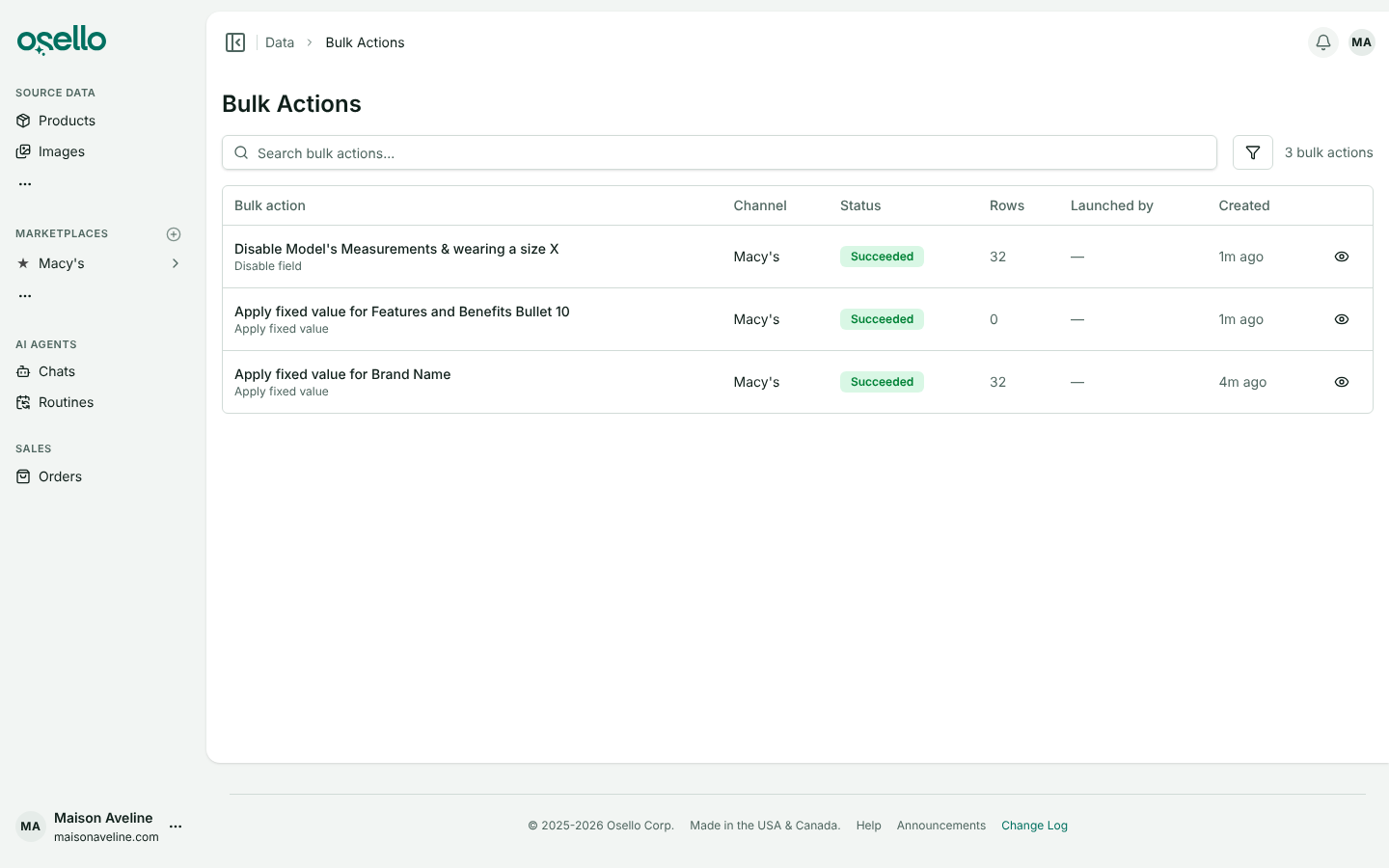 The Bulk Actions page listing a field disable and a fixed value update for Brand Name, each with its status and row count