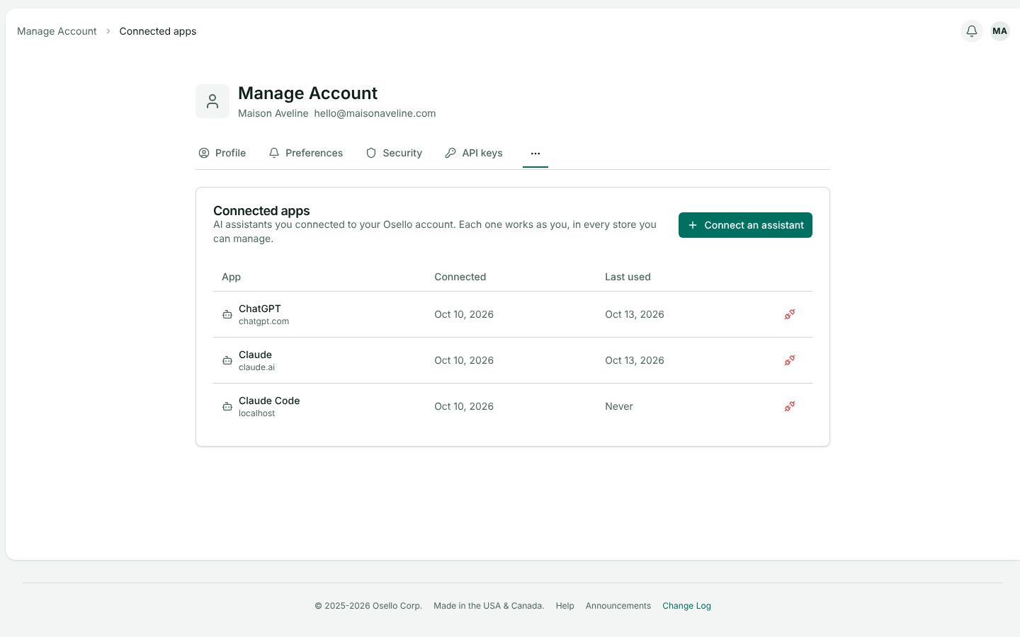 The Connected apps tab under Manage account, listing Claude, ChatGPT and Claude Code with when each was connected and last used, and a Connect an assistant button