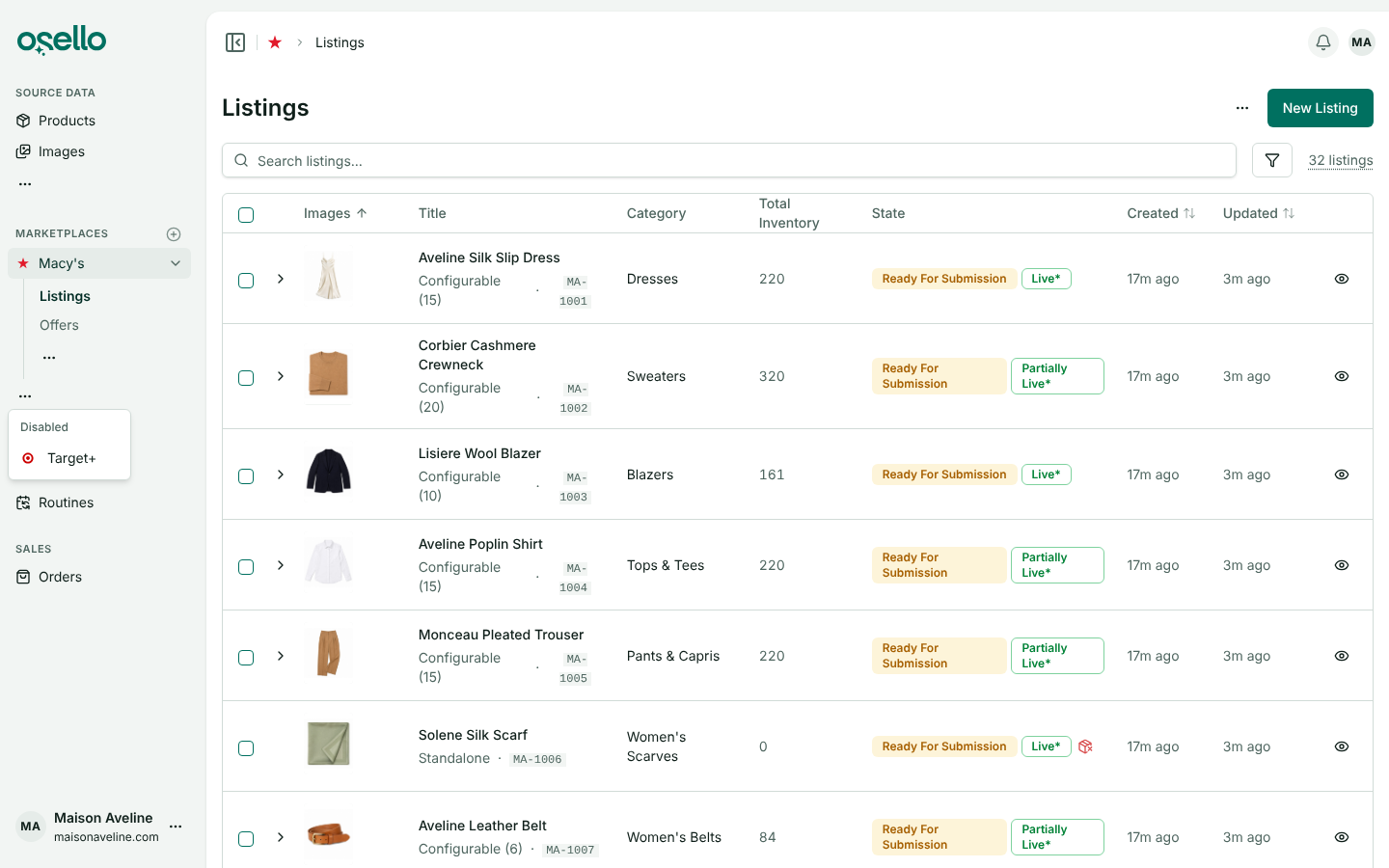 The sidebar on the Macy's listings page with the Marketplaces menu open, listing Target+ under a Disabled heading