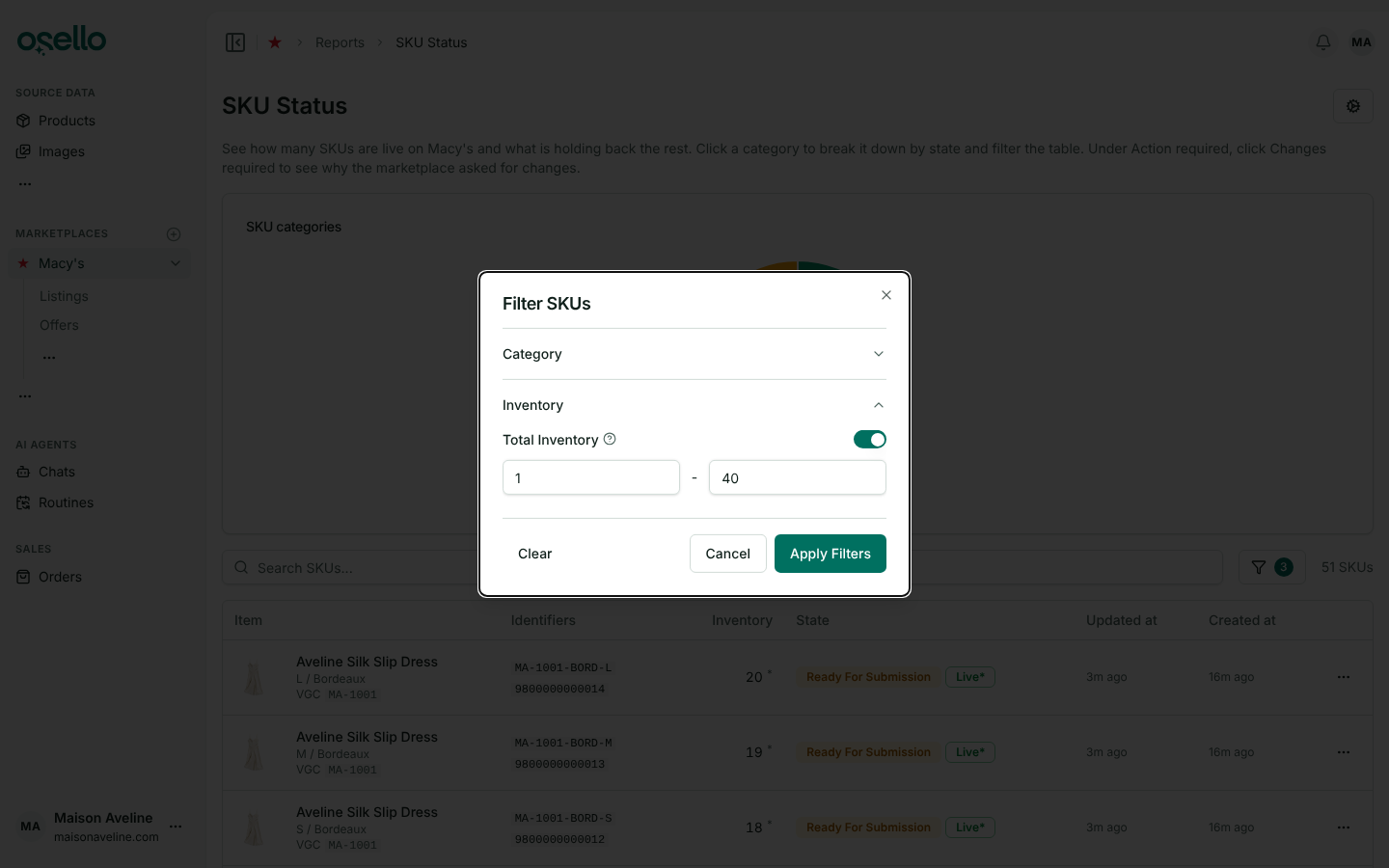 The SKU Status report with its Filter SKUs dialog open, categories chosen and a stock range of 1 to 40 set, and the filtered table behind it