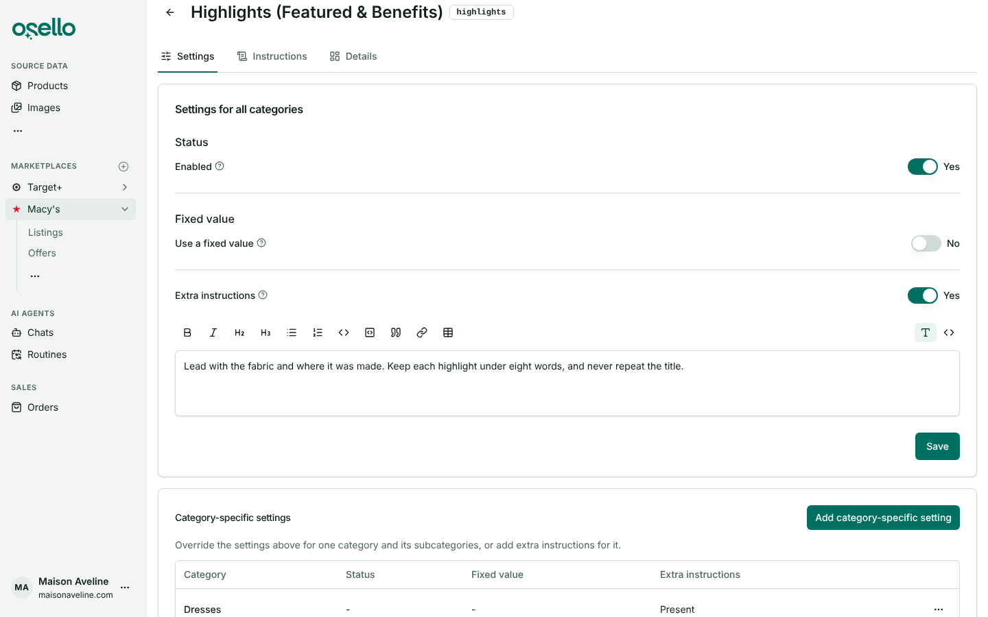 The Macy's Highlights field's Settings tab, with the Settings for all categories card showing extra instructions, and the Category-specific settings table listing Dresses under it