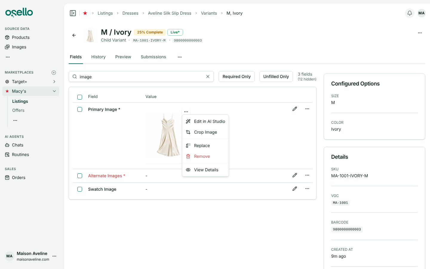 A variant's Fields tab with the menu open on its Primary Image, offering Edit in AI Studio, Crop Image, Replace, Remove and View Details