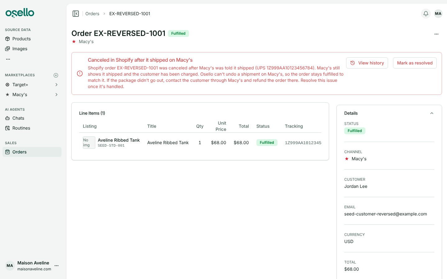 An order page with the red alert that the order was canceled in Shopify after it shipped on Macy's, with View history and Mark as resolved buttons