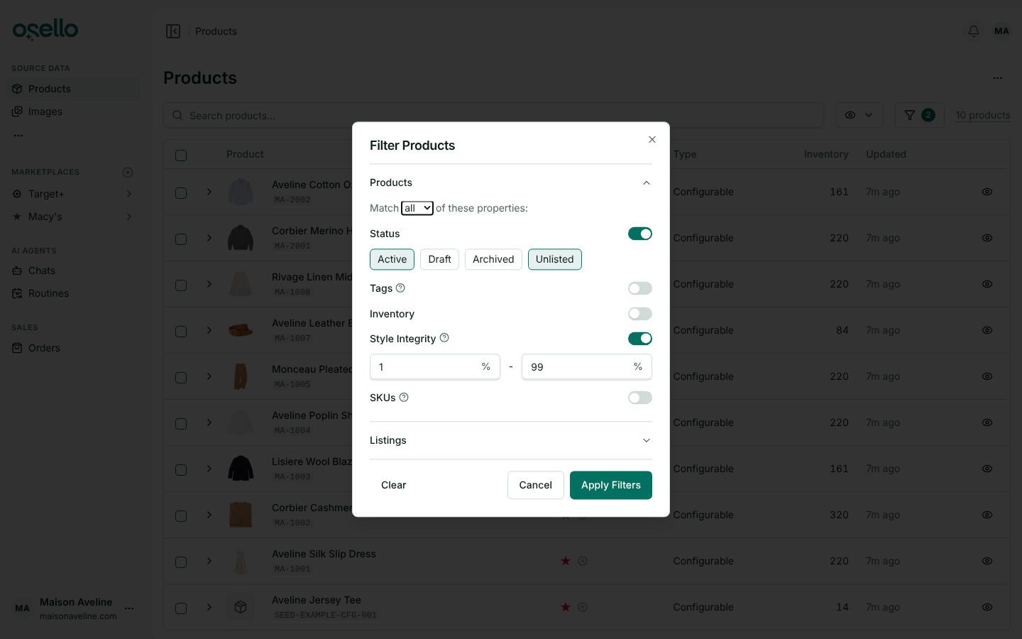 The Products page filter dialog with Style Integrity turned on and set to a minimum of 1% and a maximum of 99%, to find styles that are partly sold out