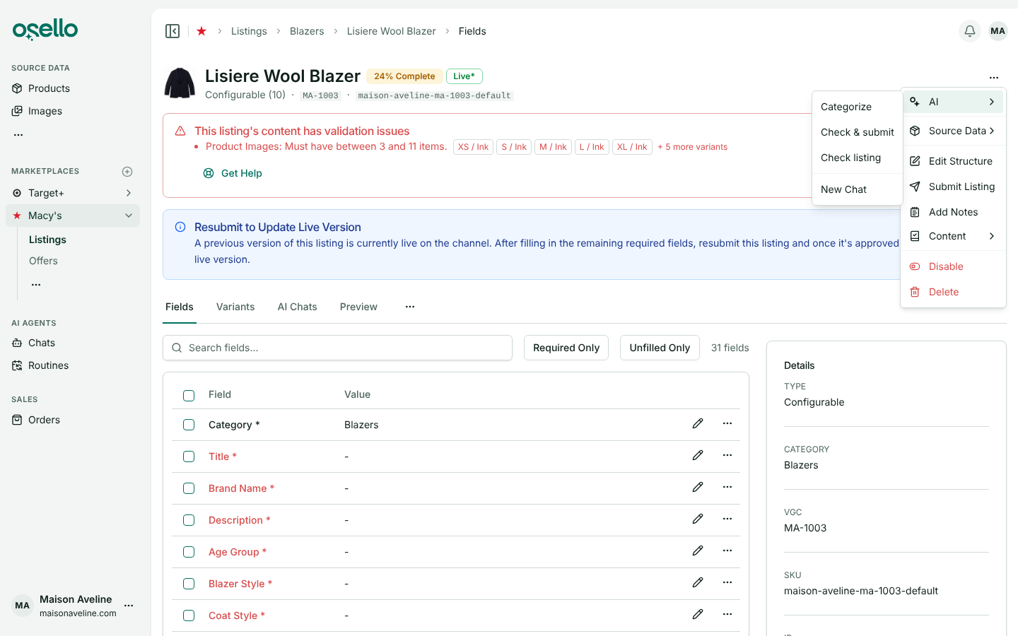 A listing's AI menu with Check listing and Check & submit