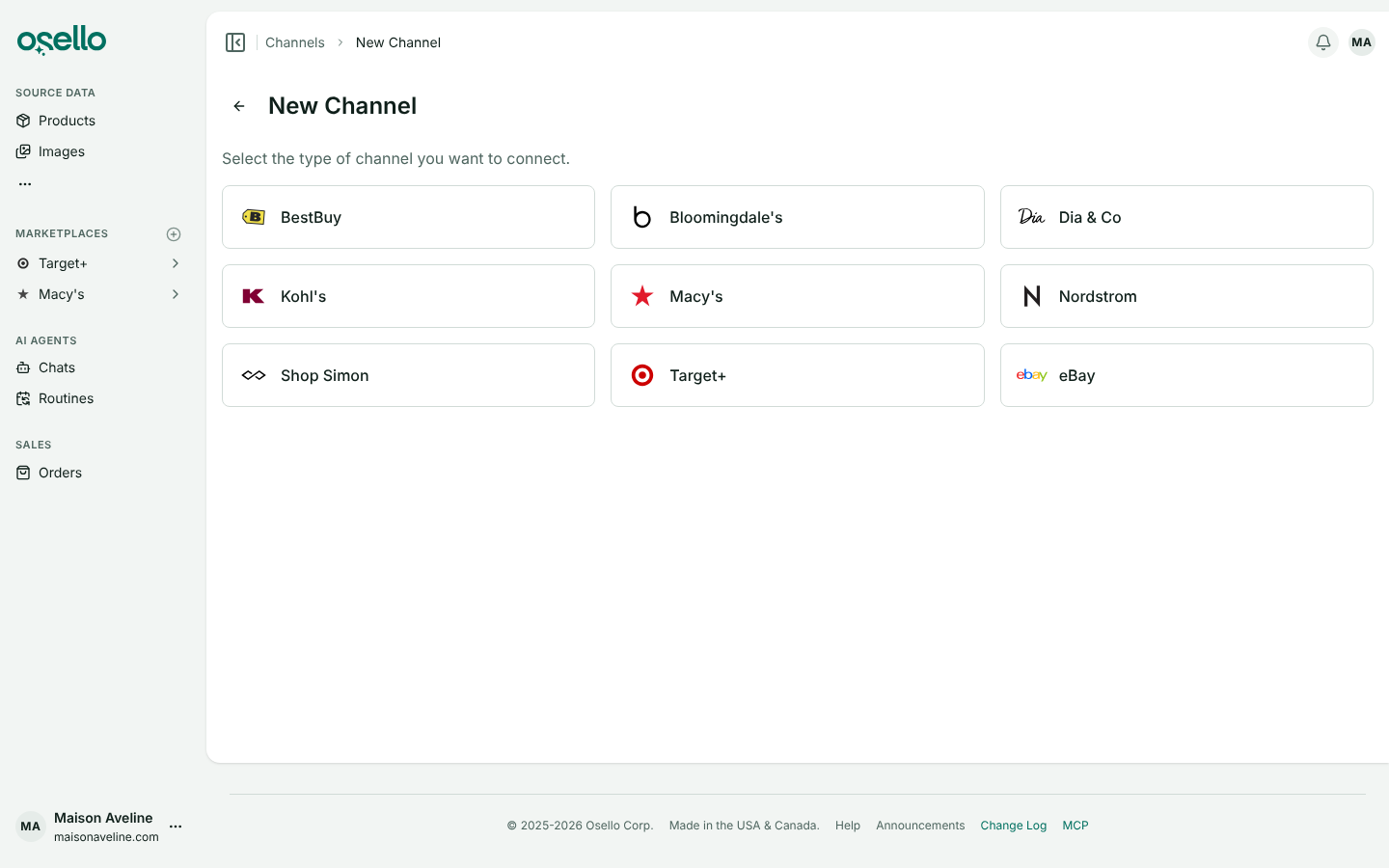 The New Channel page with Kohl's among the marketplaces a store can connect