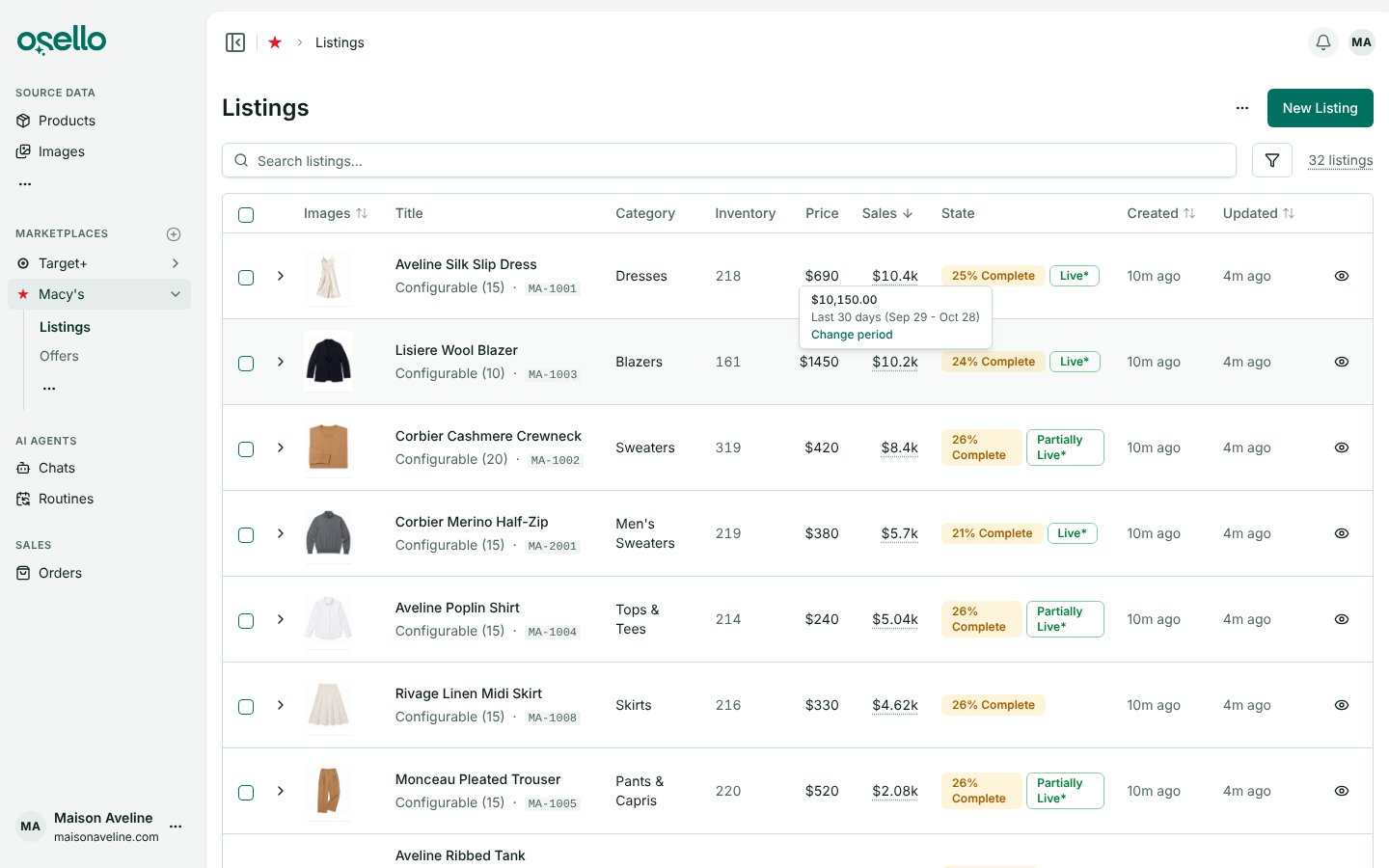 A marketplace's Listings page sorted by the new Sales column, with the Price column beside it and the tooltip on one amount showing the exact figure, the last 30 days it covers and the Change period link