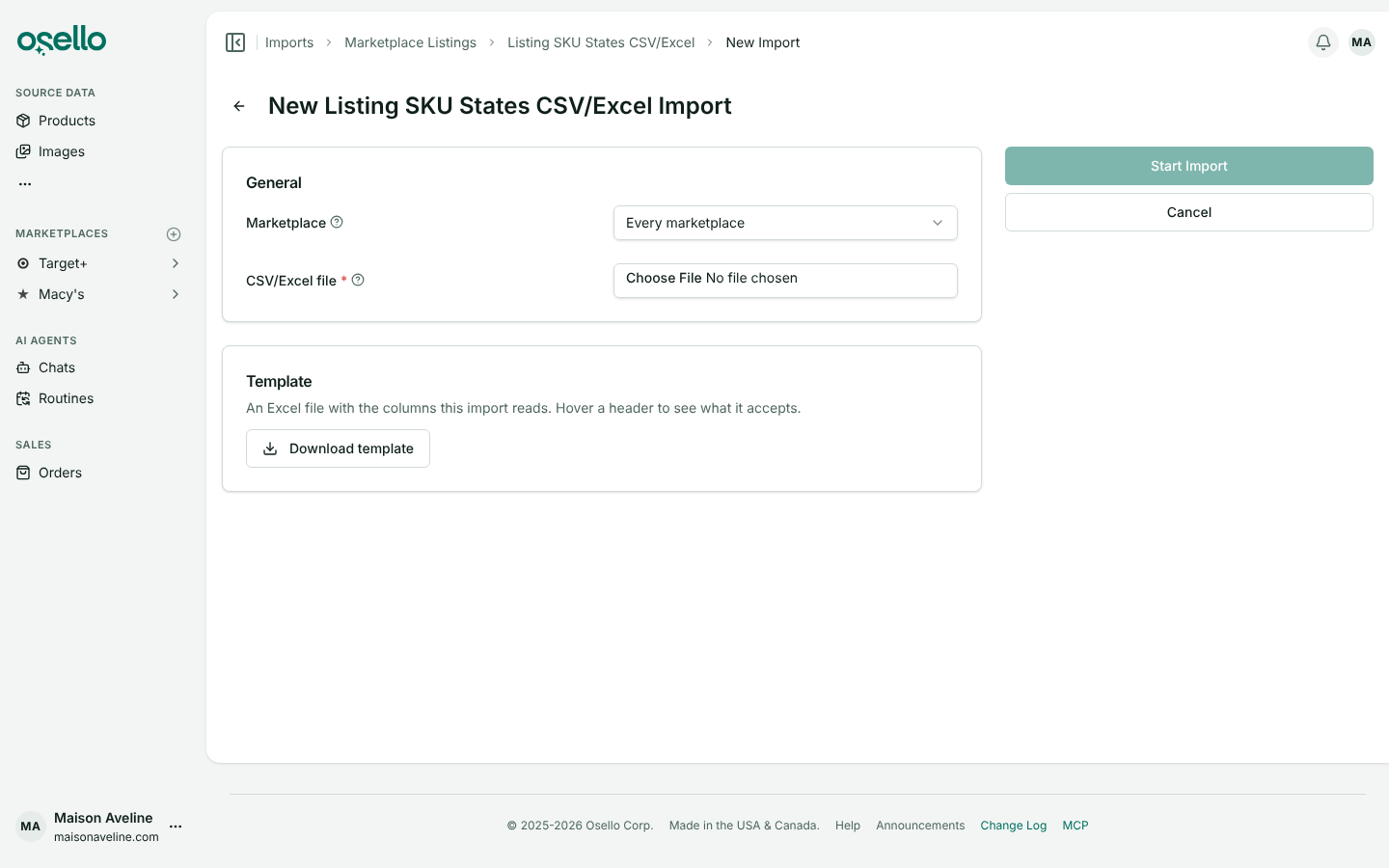 The New Import page with Listing SKU States selected and the Template card's Download template button