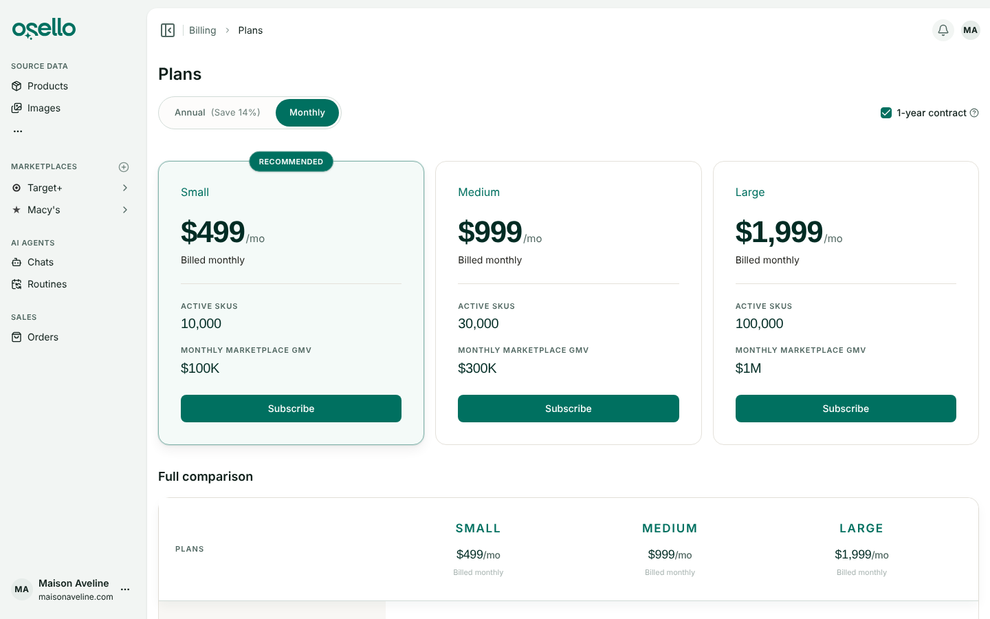 The in-app Plans page with Monthly selected and the 1-year contract checkbox checked