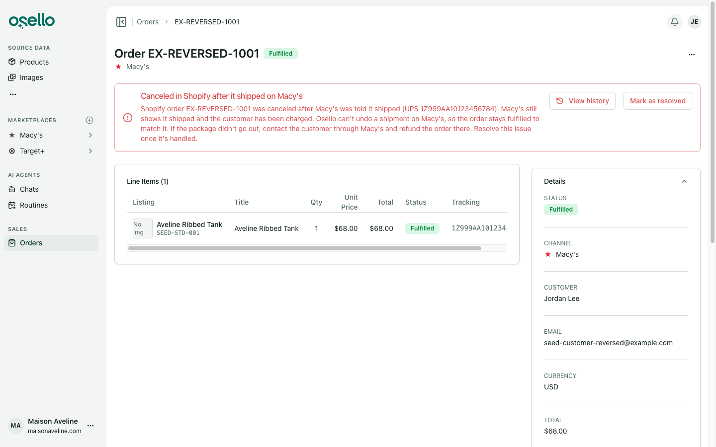 An order canceled in Shopify after it shipped, with the alert explaining what to do
