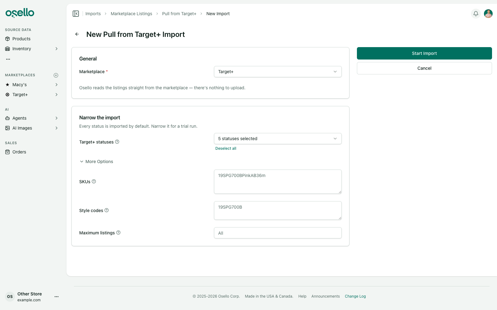 The new Target+ listings import, with the filters that narrow it