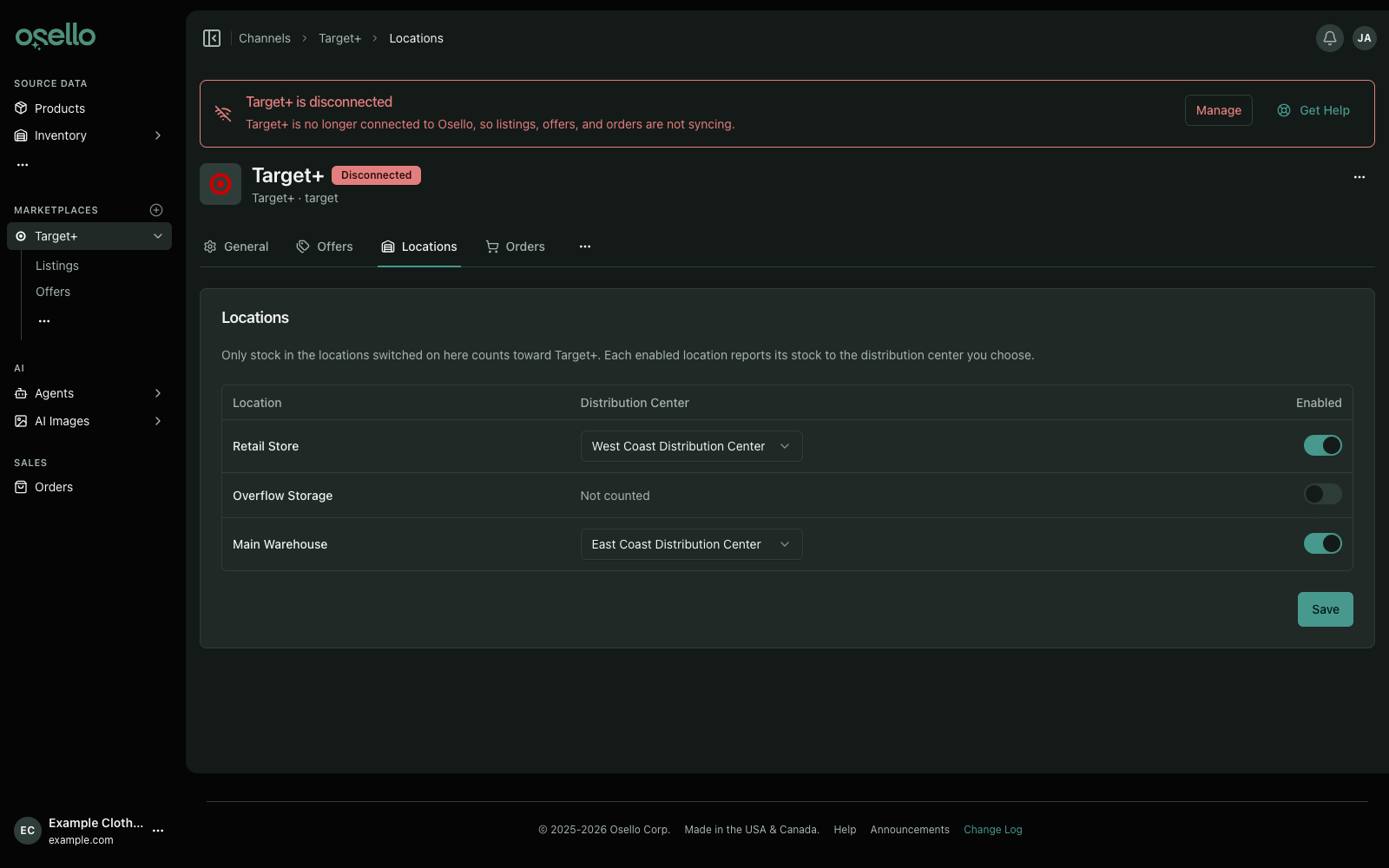 The Locations tab of a marketplace's settings