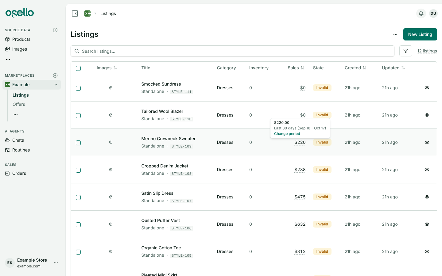 A Sales amount's tooltip, with the exact figure, the period and a Change period link