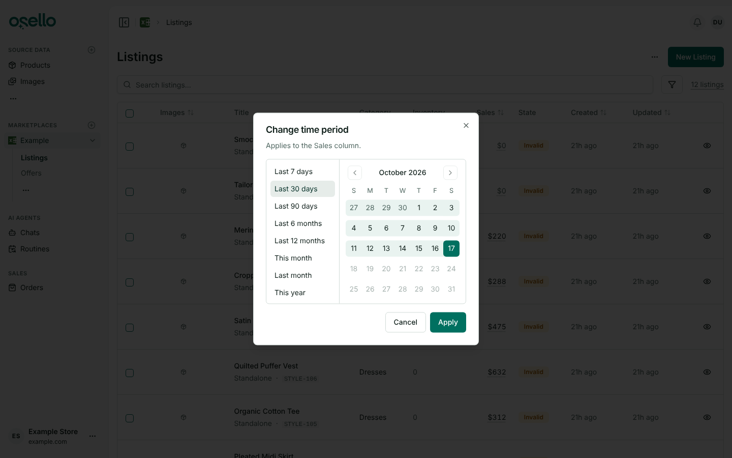 The Change time period dialog, with one-click ranges beside a calendar