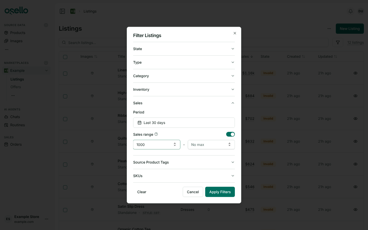 The Sales section of the listings filters