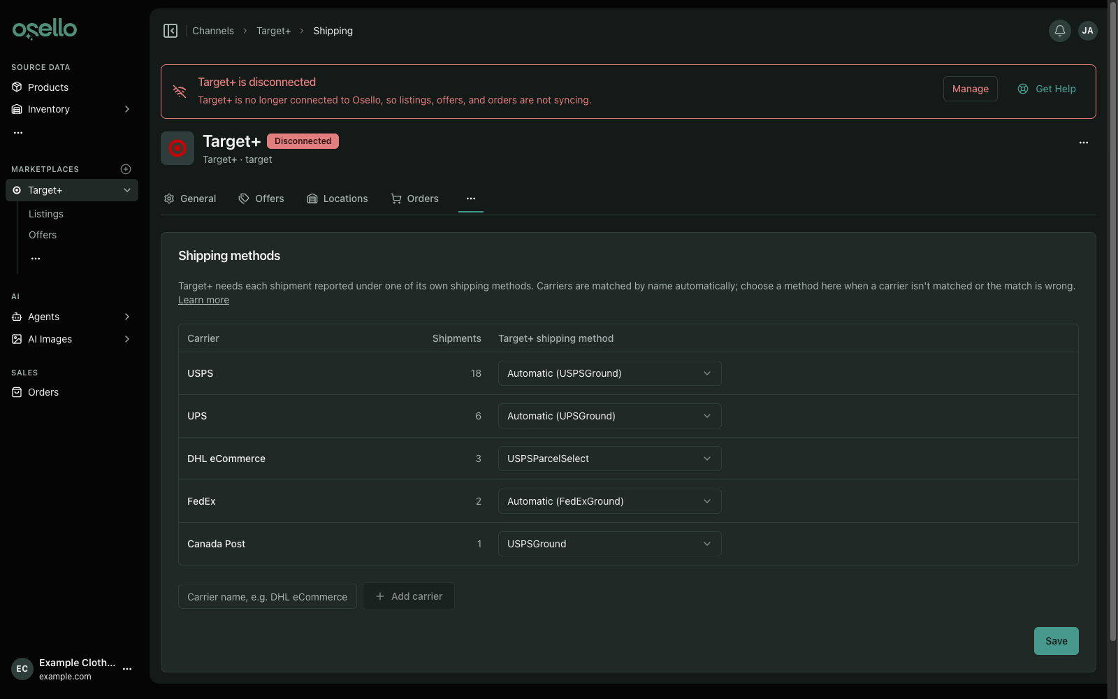 The Shipping tab listing each carrier with its Target+ shipping method
