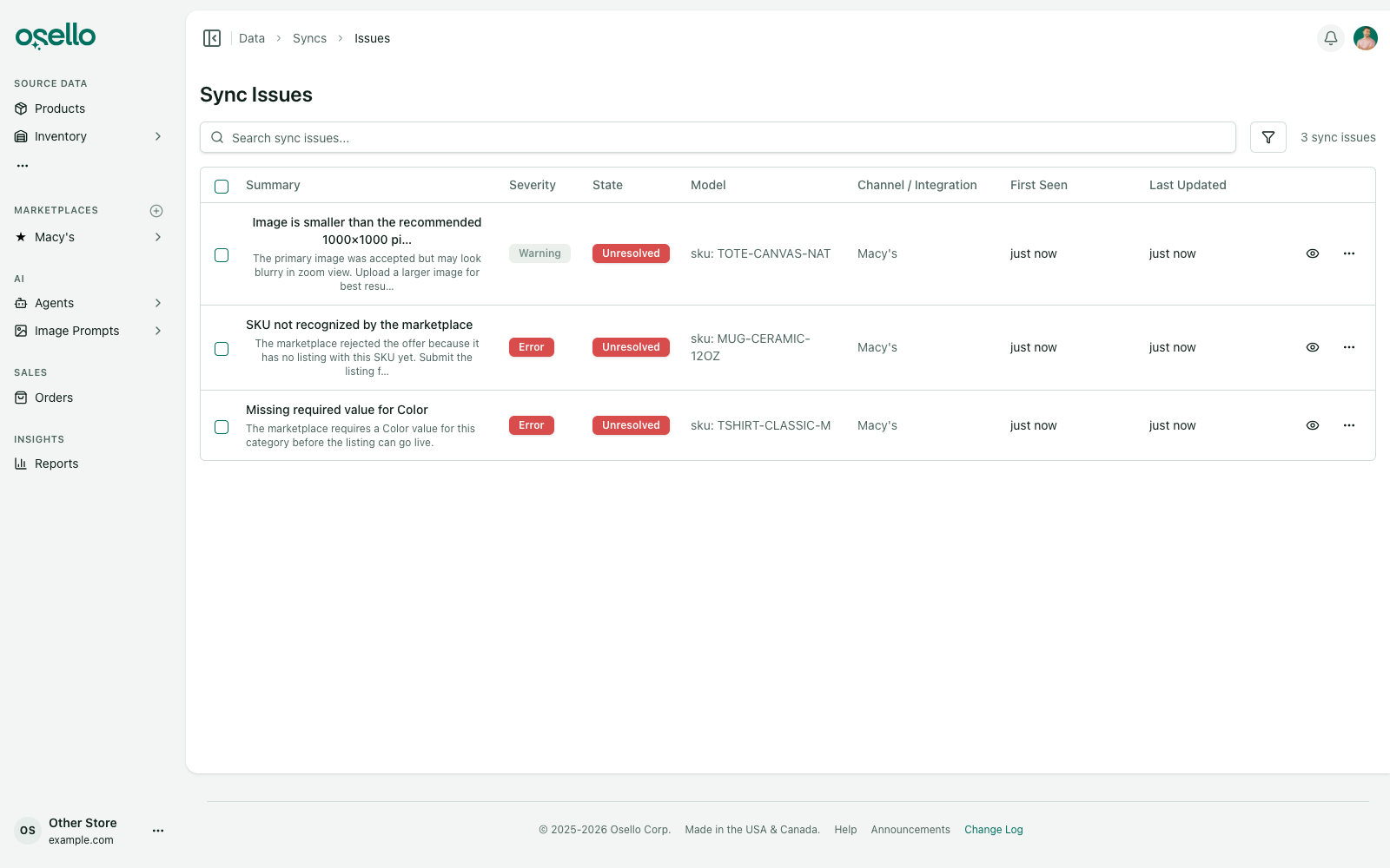 The Sync Issues page listing unresolved issues