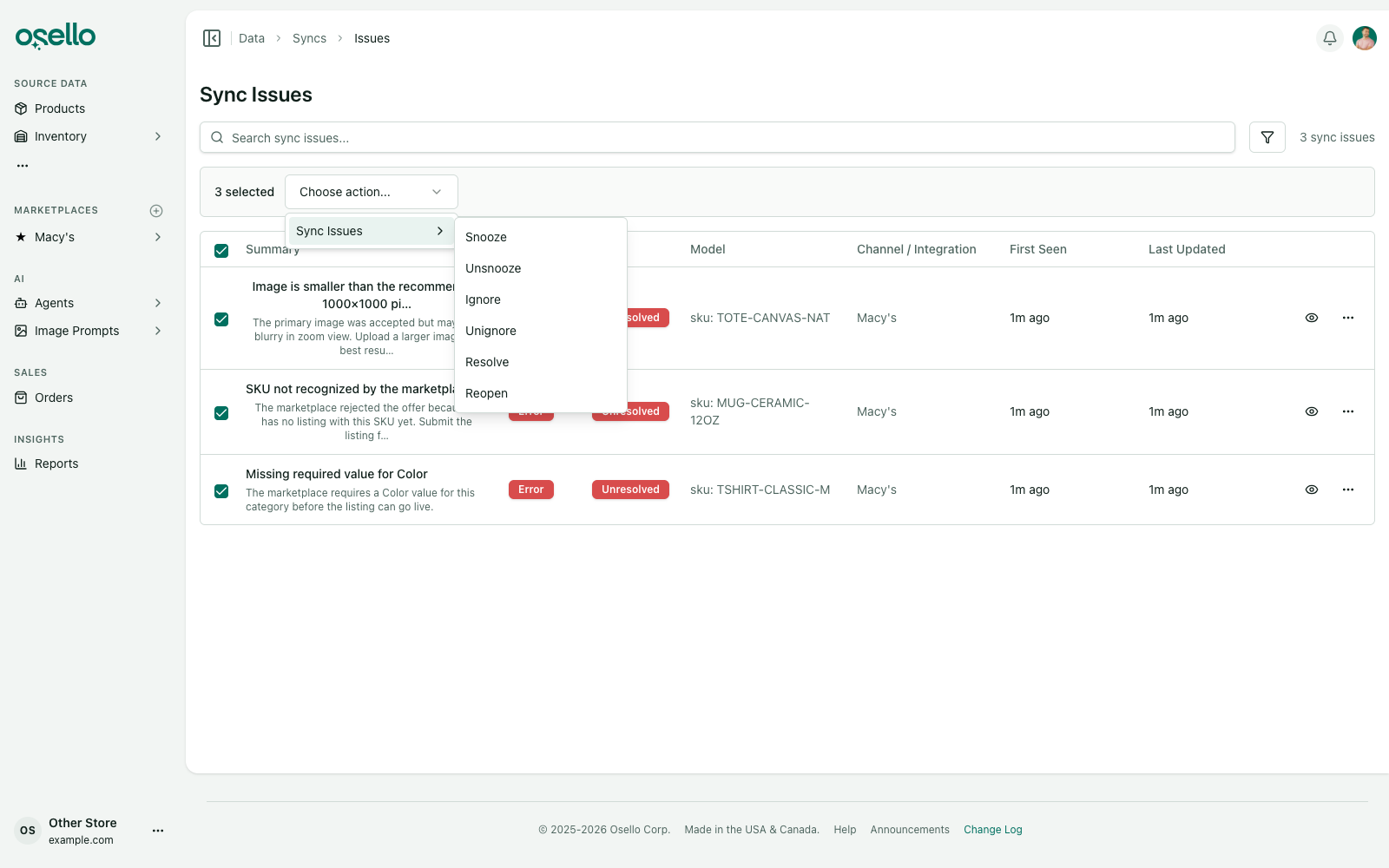 Bulk actions menu on the Sync Issues page