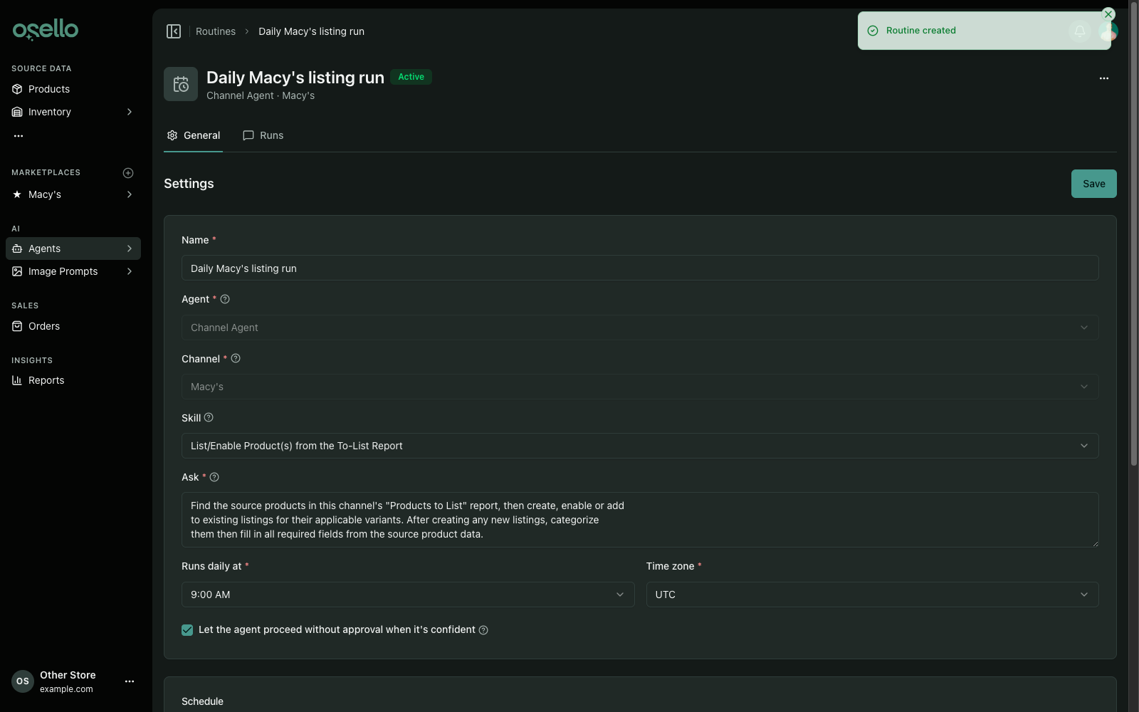 A routine's settings page, showing its schedule